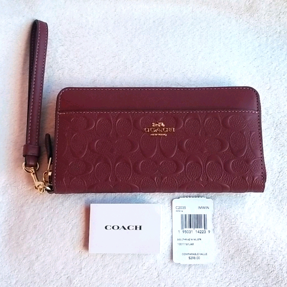 Coach Burgundy Signature Embossed Leather Wristlet